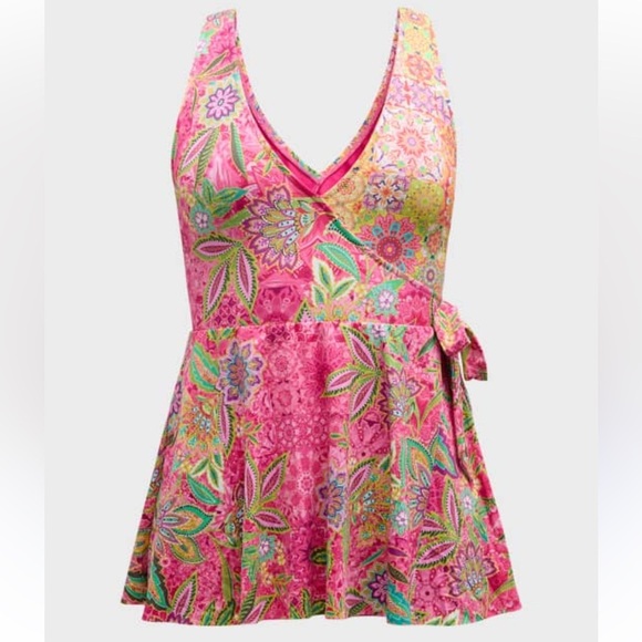 JOHNNY WAS Flamingo and Kaleida Wrap Skirted One-Piece Swimsuit - Picture 1 of 7